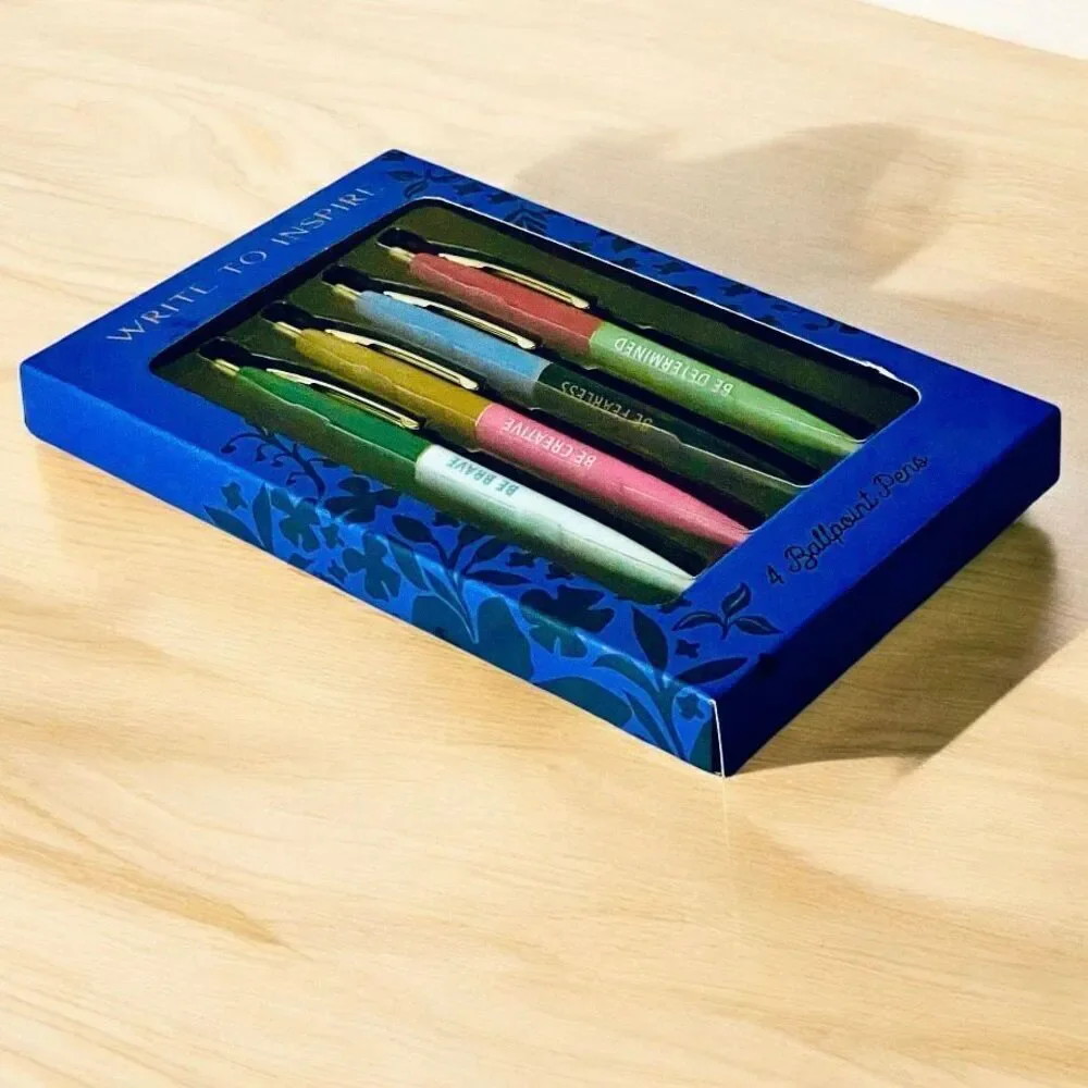 NWT ECCOLO set of 4 Inspirational graphic ballpoint Pens Gift Set Brave Fearless